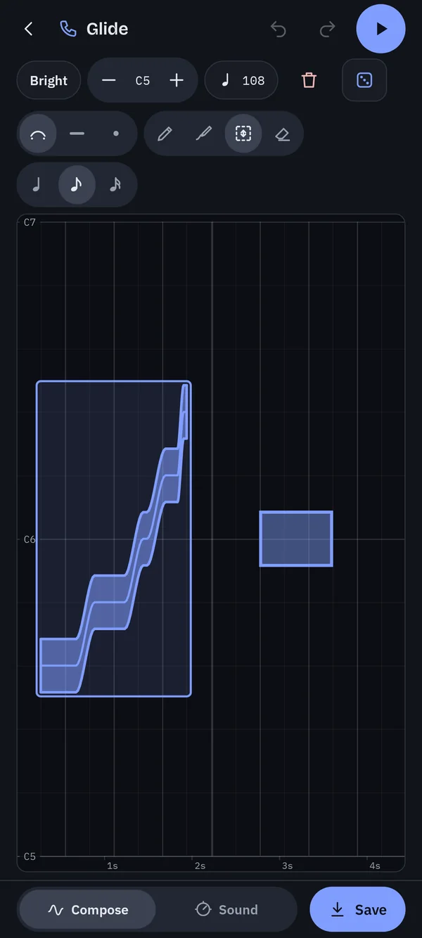 A glide note selected with the Edit pen