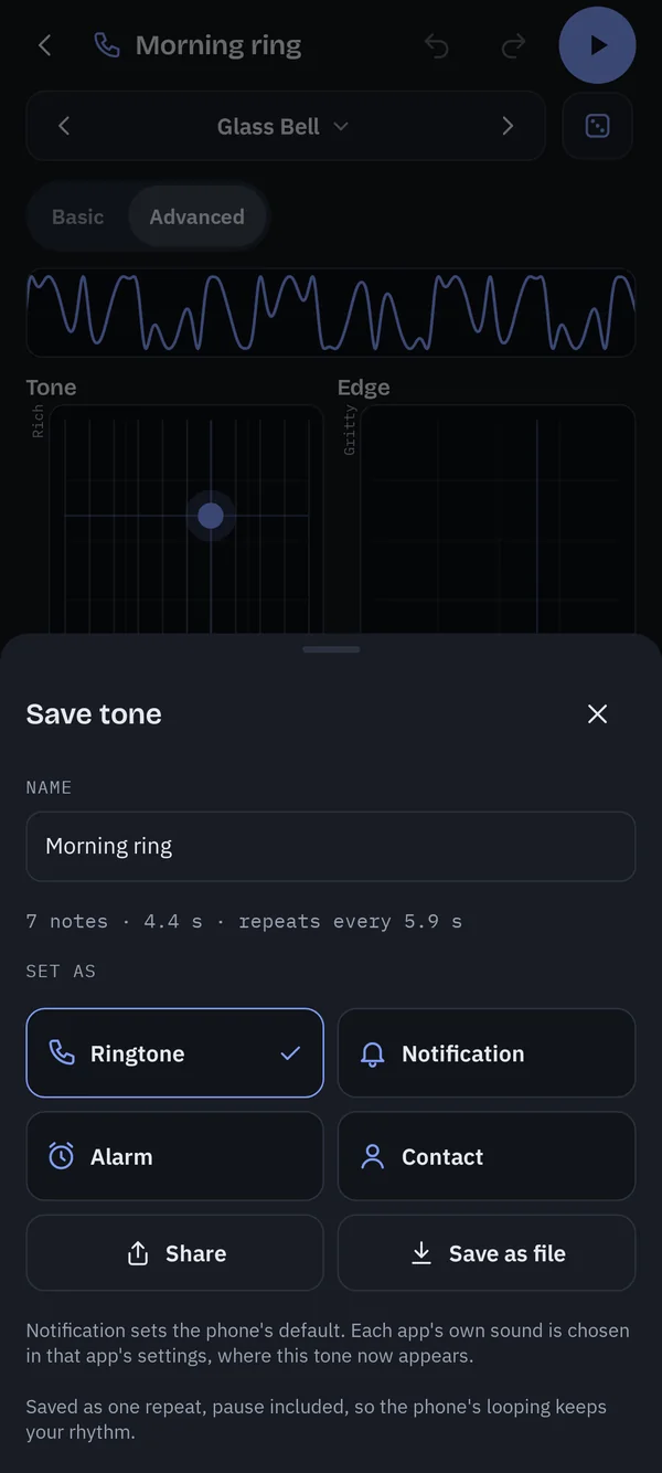 The save sheet: set as ringtone, notification or alarm, set for a contact, share, or save as a file