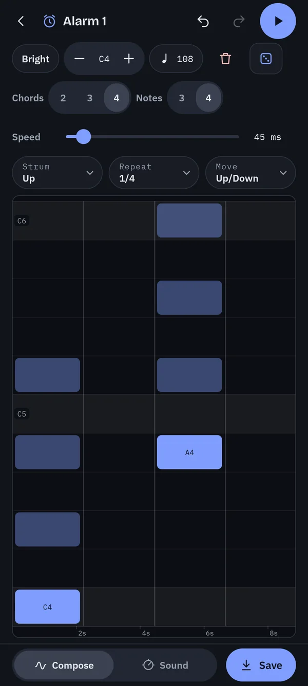The same alarm with the strum set to repeat every quarter note and move up and down
